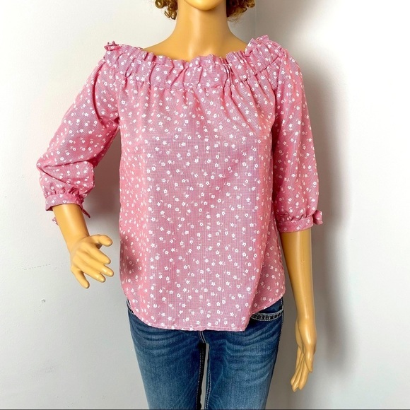 Love Notes Pink & White Floral Blouse – Elastic Neckline, Size Medium - Picture 1 of 9